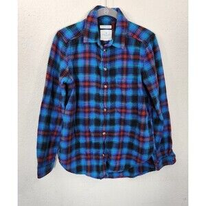 American Eagle Women S Boyfriend Fit Flannel Shirt Blue Red Plaid Super Soft AEO